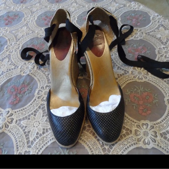 Christian Louboutin Black Leather Wedge Espadrilles w/Ankle Tie Detail Size 40. - Picture 2 of 12